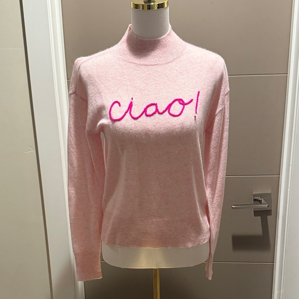 100% Cashmere Pink Sweater with 'Ciao!' Embroidery